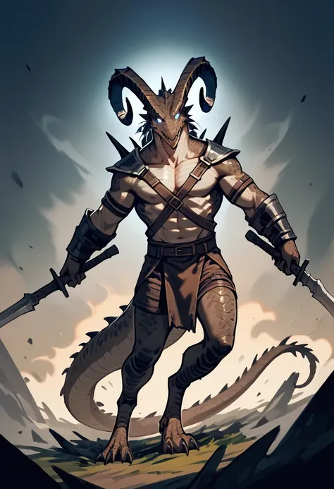 score_9, score_8_up, score_7_up, score_6_up, score_5_up, score_4_up, (masterpiece, best quality:1.2), high detailed, 1 dragon ( mythical creature, brown scales, short members, glowing eyes, curved horns, black horns,) barbarian hunter, illustration, charac...