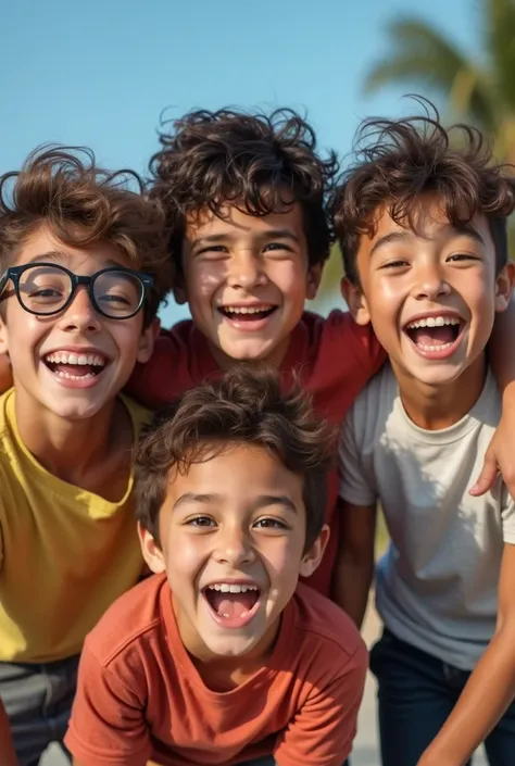 5 happy teenagers boy, 1 handsome boy with glasses, 1 tall asian boy, 1 brown skin boy, 1 with middle hair, and 1 with goofy hair