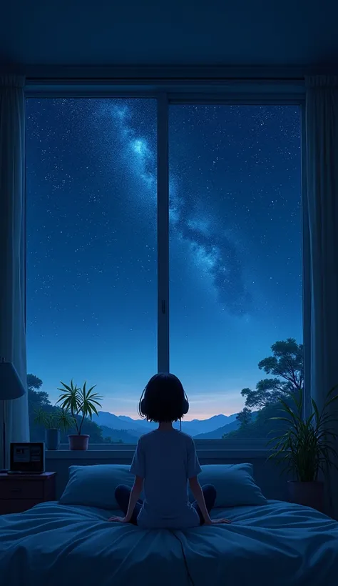 8k, night、Listening to music in a cozy dark room, Using headphones, 2D style animation, Lo-Fi, hard disk, Dark EnvirOnment, Retro、Starry Sky、Large windows、High school girl、praise、美しいStarry Sky、輝くStarry Sky、Dimly lit room、明るいnight空