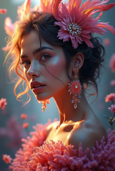 ((fractal art)),((masterpiece,The best quality,extremely detailed,ultra high resolution,detailed background)),(((Abstract background))),(1 girl),((showy)),flores,(glowing skin),((Many colors)),(earrings),feathers