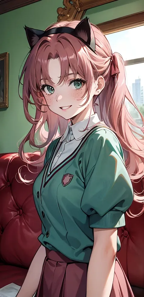 Masterpiece, best quality, centered in frame, portrait, female, happy expression, busty, brown eyes, pink full lips, long hair, bright brown hair, couch landscape, green eyes, school uniform, freckles, beautiful, cat ears, teal pink outfits, smile, joyful 