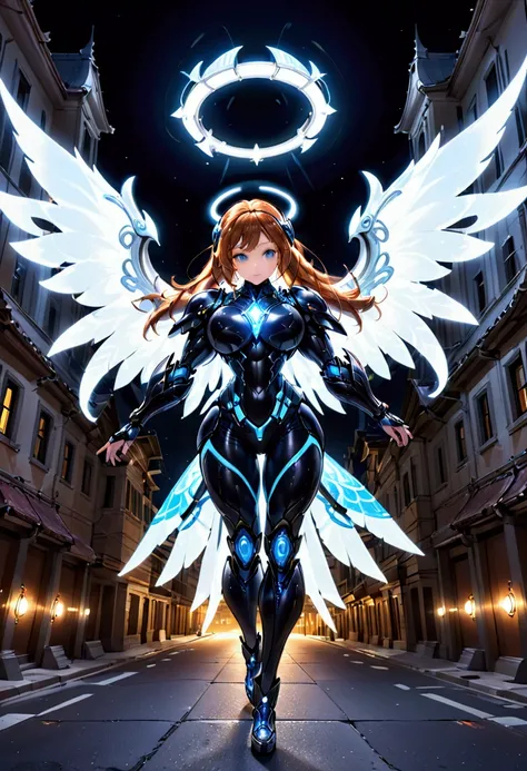 (best quality, masterpiece, colorful, dynamic angle, highest detailed) upper body photo, full body photo, fashion photography of cute mechangel, glowing 4 wings, solo, glowing armor, glowing halo, building, glowing mechanical 4 wings (intricate details, hy...