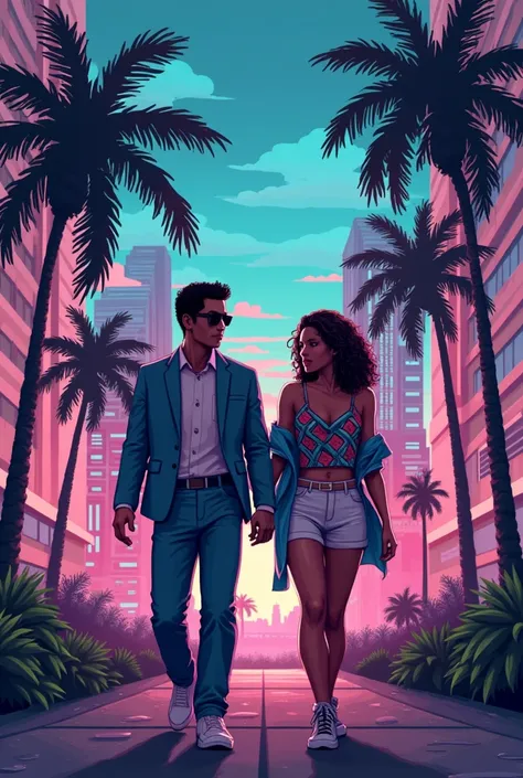 Create a vice city themed wallpaper where the drawing type is like a pixel art