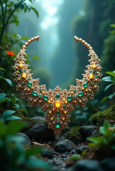 Can you create a photo of jewelry in a very green universe that inspires ecology and luxury, a bit like a Cartier advertising campaign?