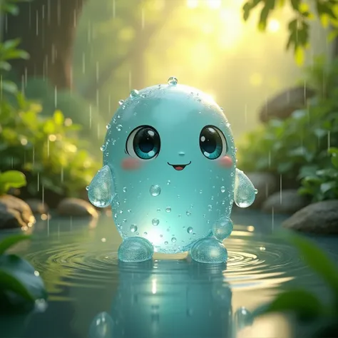 Create a photorealistic image of a small, (green), cartoon-like character with large eyes and a friendly expression. The character appears to be made of water or glass, with water droplets covering its surface. It stands in a lush environment with sunlight...