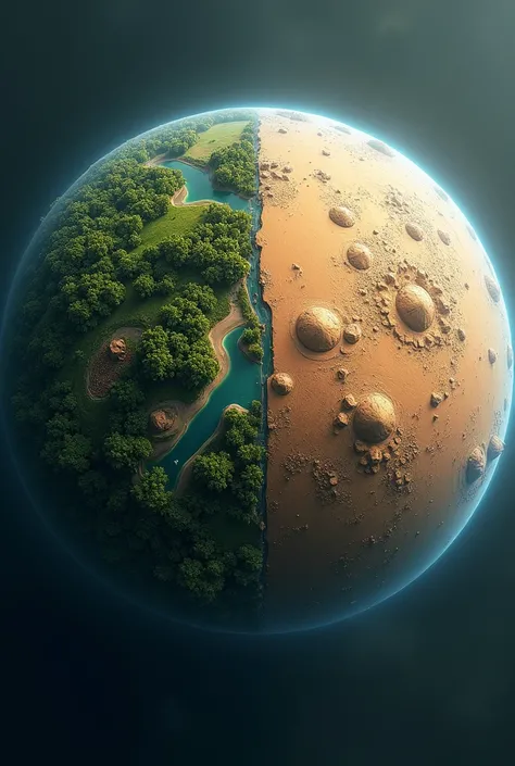 I want a planet, of course, in the shape of a circle. The picture is divided into two halves. The first half is all trees and green agriculture, with water and lakes. The second half is a desert and a very large technological area. 