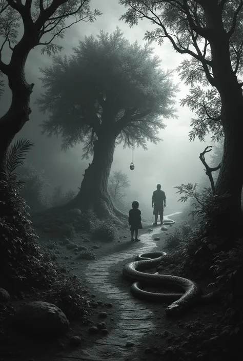 draw a black and white image in dark and gloomy tones. a snake crawls through the gardens of paradise it sees two people near an apple tree 