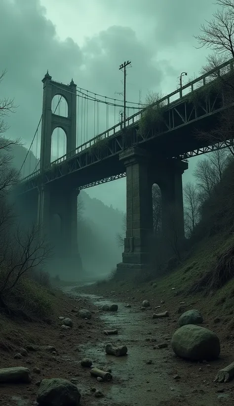 A lonely, overgrown bridge. Below, scattered bone fragments, covered in dirt. The scene is grim and desolate, with dark clouds rolling overhead, casting long shadows on the ground.