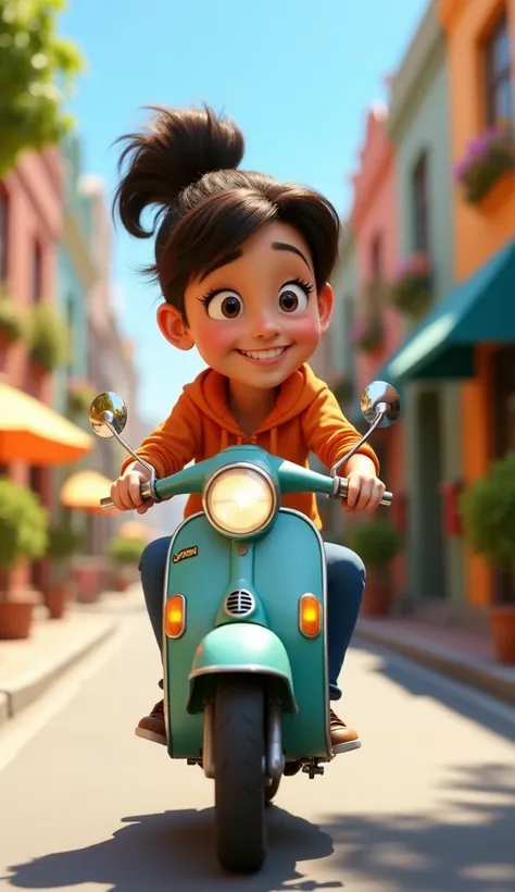 a funny woman ride scooty,pixar art style.