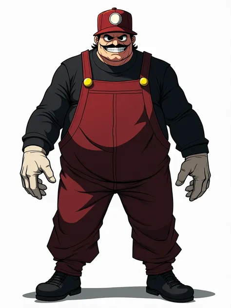 A tall and brute character wearing a dark red cap with a white circle in the center. He is dressed in a dark red overall with yellow buttons, a long-sleeved black shirt underneath, and white gloves. His shoes are black. He has completely black eyes and a l...