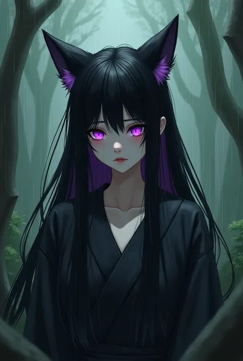 Japanese art style,  black hair with purple highlights, purple eyes,black fox ear, black clothes, she is crying in the middle of the forest, It&#39;s raining 
