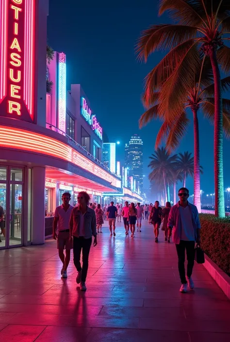 Crea una imagen con tematica de miami beach con luces led