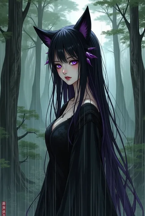 Japanese art style black and white,  , black hair with purple highlights, purple eyes,black fox ear, black clothes, she is crying in the middle of the forest, It&#39;s raining 
