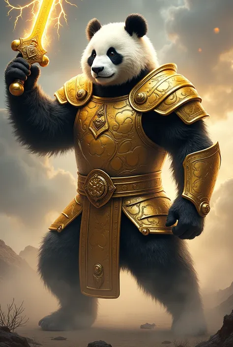 A panda standing on two legs, wearing a beautiful golden armor like a warrior god, holding a lightning sword. 