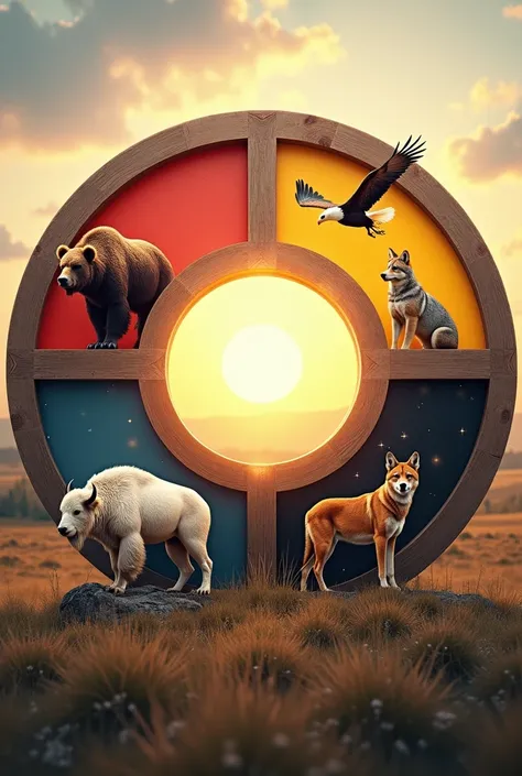 Background American wilderness，The sun is shining high in the sky，There is a circle in the middle of the picture divided into four equal parts, with cross dividing lines and an opaque circle with sparkling lights.，The upper right half of the circle has a w...