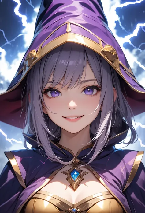 (masterpiece:1.5),(Beat quality),(high res),1girl solo,beautiful face,smile,upper body,Wizard clothes women,Lightning in the background