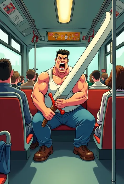 Create a cartoon man with a 10 meter sword on a bus