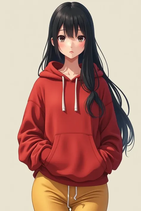 (photorealism:1.2) Red hoodie with yellow pants and black long hairs anime girl full pant