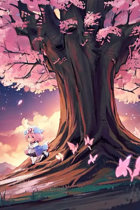 Westboundji yuyuko Have a picnic under a cherry blossom tree eating gourmet food, Cherry Blossoms at Night, Moonlit Night, Drinks, Have a picnic, Small breasts, Default Outfit, Westboundji yuyuko, Westbound_ayakashi, Naked_tree, 1Chibi princess, Stand next...