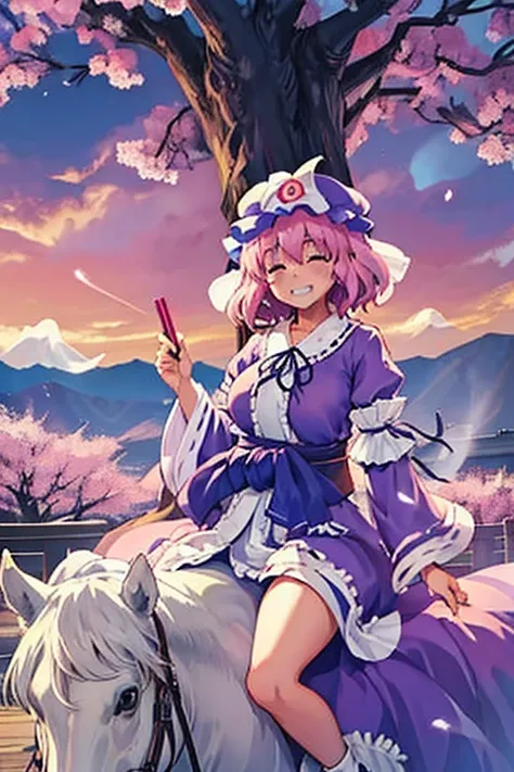 Westboundji yuyuko Have a picnic under a cherry blossom tree eating gourmet food, Cherry Blossoms at Night, Moonlit Night, Drinks, Have a picnic, Small breasts, Default Outfit, Westboundji yuyuko, Westbound_ayakashi, Naked_tree, 1Chibi princess, Stand next...