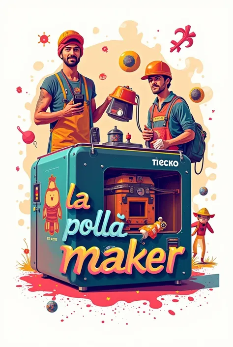 Poster that says "La pollada maker" with chicha Peru style, with images of 3D printers but in Spanish the title as is and a white background