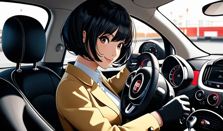 ((velocity)), woman driving her Fiat 500 car, shifting gears (((Woman driving))),(girls hand on the gear shift)),smiled slightly,velocity,(a female manual car driver),(office lady), (wearing boots and gloves),(sit facing the steering wheel),(hand on gear s...