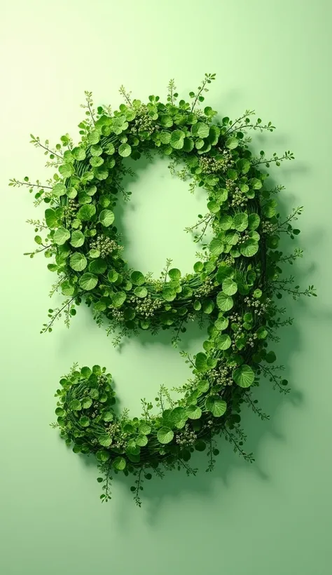 A detailed and vibrant botanical photograph with the phrase "9" written in flowing, green vines with lush leaves and small blossoms. Dewdrops cling to the leaves, reflecting light like tiny jewels. The letters have an organic feel, slightly intertwined, as...