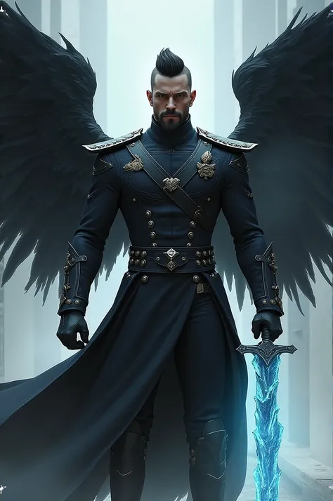 A man with black wings, two blocks hairstyle and goatee, military clothing, with a sword of ice