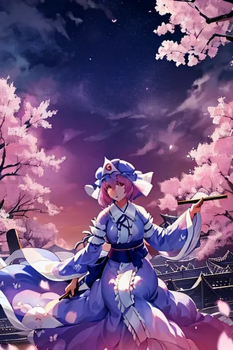 saigyouji yuyuko as she eats a fancy meal sitting under cherry blossoms, night cherry blossoms, moon night, drinking sake, having a picnic, small chest, default clothing, saigyou_ayakashi, Only_tree　Riding a pure white horse　