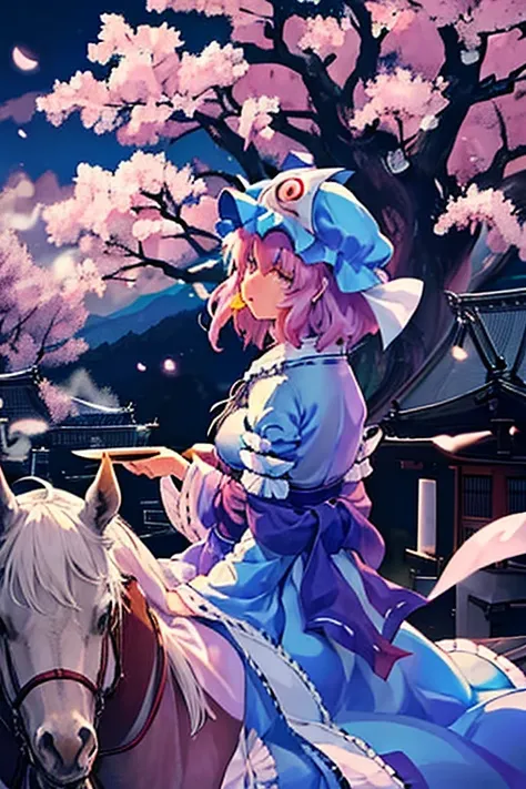 saigyouji yuyuko as she eats a fancy meal sitting under cherry blossoms, night cherry blossoms, moon night, drinking sake, having a picnic, small chest, default clothing, saigyou_ayakashi, Only_tree　Riding a pure white horse　