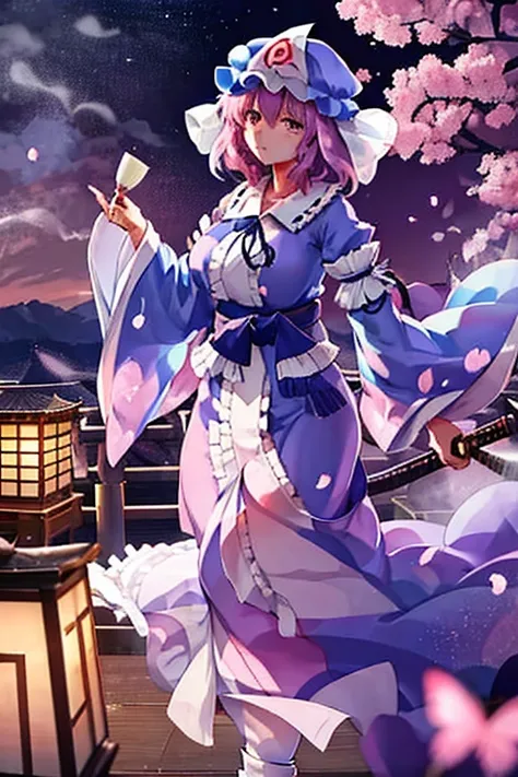 saigyouji yuyuko as she eats a fancy meal sitting under cherry blossoms, night cherry blossoms, moon night, drinking sake, having a picnic, small chest, default clothing, saigyou_ayakashi, Only_tree　Riding a pure white horse　