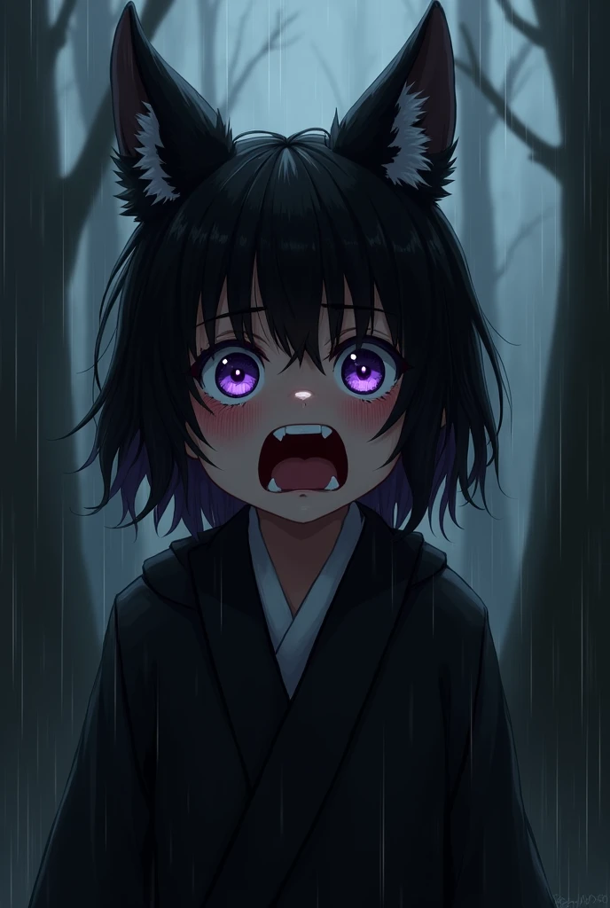 Japanese art style black and white,child of age, black hair with purple highlights, purple eyes,black fox ear, black clothes, she is crying in the middle of the forest, It&#39;s raining, she is bursting into tears, her eyes are covered with tears, she scre...