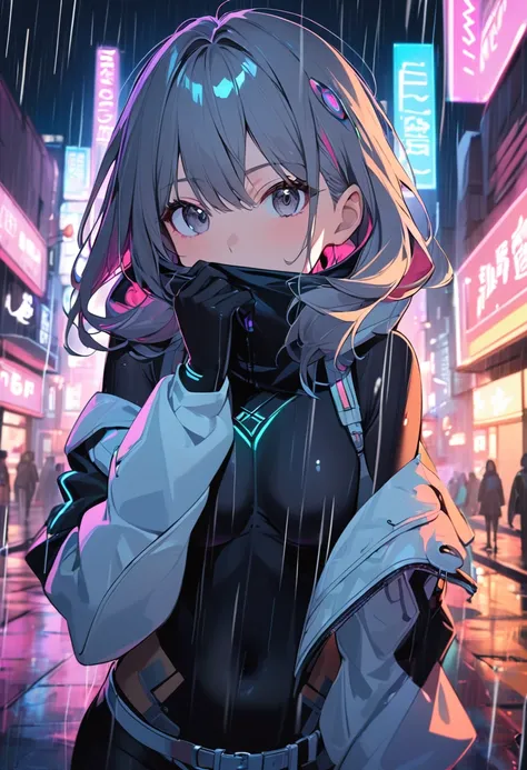 Portrait of one girl, Beautiful Face, Asymmetrical Hair, Colorful hair, belt, Bodysuits, Covered my mouth, Covered navel, Removable sleeves, Grey Eyes, Hip vents, Open jacket, cute, View the viewer, Night City, neon, rain,Dynamic Pose,