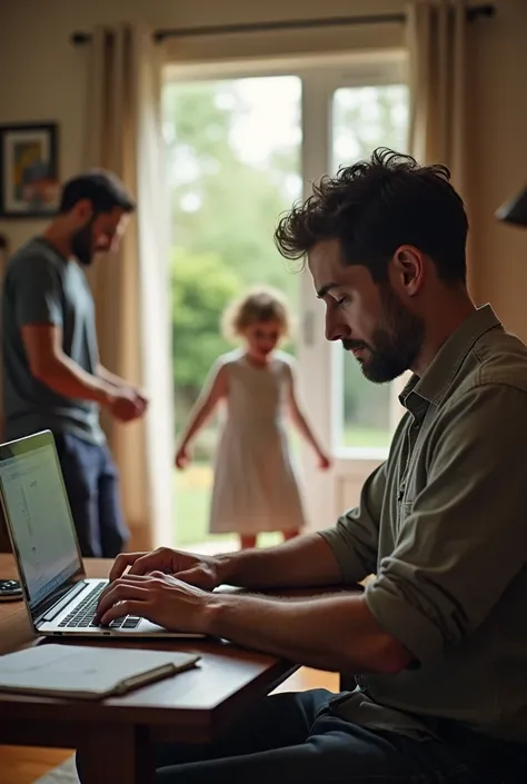 point of view of a man working with his laptop while his husband and daughter is are playing at the backgroun