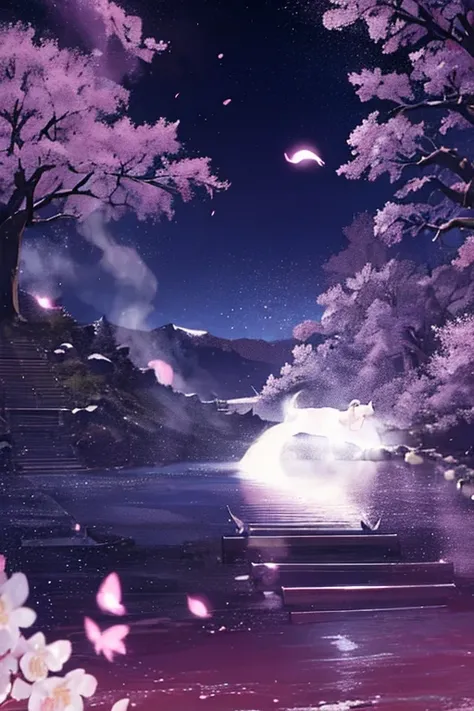 saigyouji yuyuko as she eats a fancy meal sitting under cherry blossoms, night cherry blossoms, moon night, drinking sake, having a picnic, small chest, default clothing, saigyou_ayakashi, Only_tree　There are white horses　Riding a pure white horse