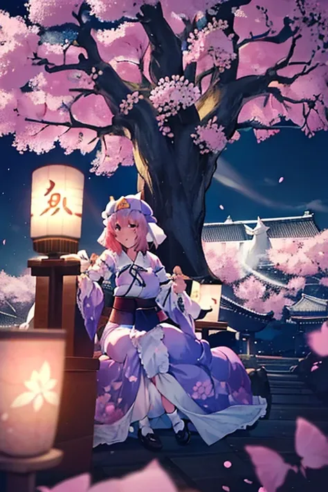 saigyouji yuyuko as she eats a fancy meal sitting under cherry blossoms, night cherry blossoms, moon night, drinking sake, having a picnic, small chest, default clothing, saigyou_ayakashi, Only_tree　There are white horses　Riding a pure white horse