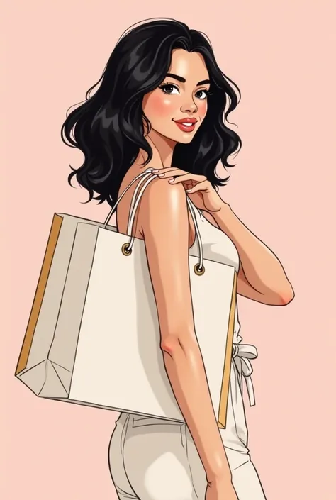 Anime logo of a brunette Latina woman where you can only see the outline of a happy smiling woman seen with shopping bag at shoulder height in front of her chest with a pink background, negro, subtle and elegant gold and white