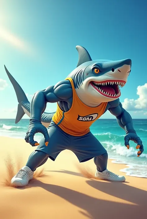 A shark-like mascot related to beach volleyball 