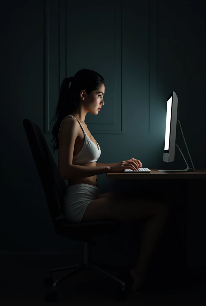 A woman sitting with her back to a computer, messing with something confidential, with a light touch of sensuality. Your posture is smooth and confident, with the brightness of the screen illuminating part of the body and creating subtle shadows. The envir...