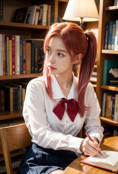 "Realistic live-action style image of Ruby sitting at a wooden desk in a quiet library, wearing her sailor school uniform. Her uniform is neat, with a white blouse, navy blue skirt, and red ribbon. Ruby is focused on reading a book, with her pink hair fall...