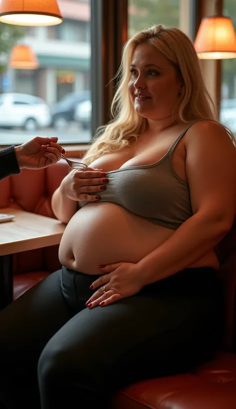 bbw being fed at the buffet, restaurant booth, facing sideways, slouched. soft chubby body, fat bellies focal point of picture, fat rolls when leaning forward. leggings, clothes too small, ill fitting. chubby, plump, very fat, chubby belly, 4K HD, realisti...