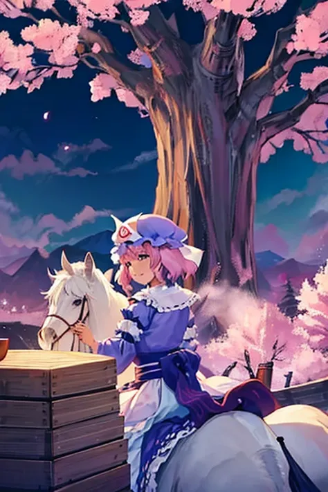 Westboundji yuyuko Have a picnic under a cherry blossom tree eating gourmet food, Cherry Blossoms at Night, Moonlit Night, Drinks, Have a picnic, Small breasts, Default Outfit, Westboundji yuyuko, Westbound_ayakashi, Naked_tree, 1Chibi princess, Stand next...