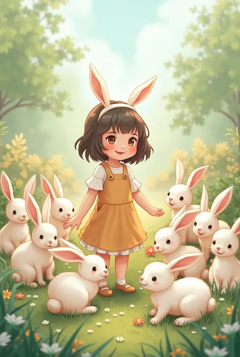 Illustration of 15 rabbits and a girl