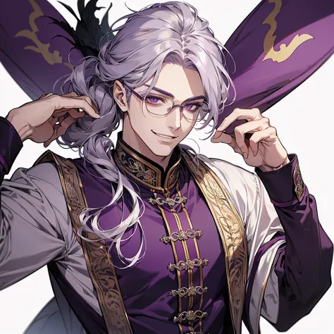 ((Masterpiece, Highest quality)), !!1 male!!, solo, Detailed face, plaited hair, long purple，silver eyes，glasses, full bodyesbian, Full of details, Highly detailed, Depth, Many parts, handsome man, old purple noble clothes, jewellery, chinese style clothes...