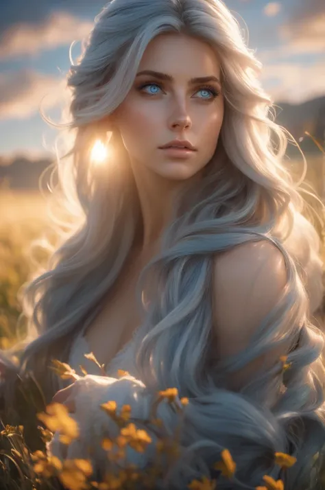 a stunningly beautiful woman with long flowing hair,piercing blue eyes,field of wildflowers,sun setting in the background,photorealistic,hyper detailed,vibrant colors,dramatic lighting,cinematic composition,ethereal atmosphere,magical realism,intricate det...