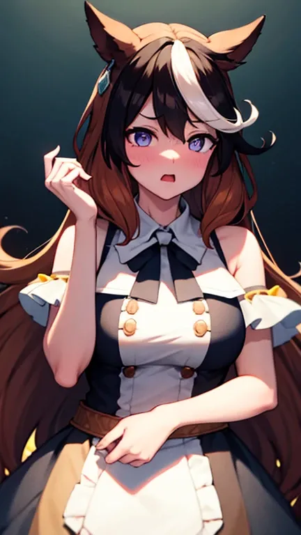 girl, absurdly long black hair blunt bangs, blue eyes, cat ears, chestnut mouth, large breast, open shoulder maid uniform, Heavy breathing, spoken heart, full-face blush, drooling, moaning, bare private, from below, straddling trembling, looking up, pussy ...