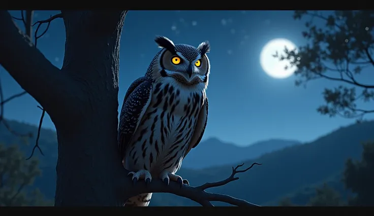 An owl swallows its prey whole, then later regurgitates a pellet of bones and fur, modern times, no clothing, set on a tree branch with a background of the night sky and distant hills, the owl is resting after the hunt, hyperrealistic, photorealistic, cine...