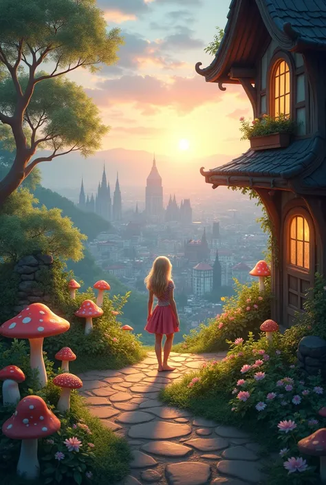 Light fantasy with a path looking out over the city from his house 