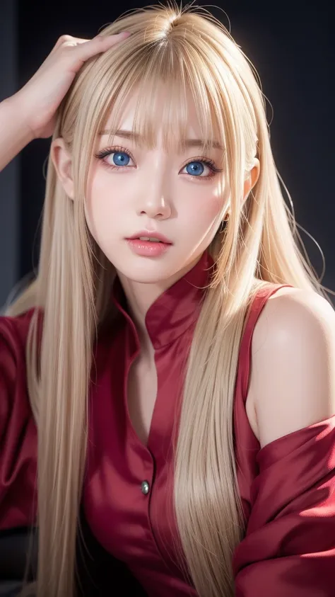 Best Quality、8k masterpiece、Ultra-high resolution、RAW Photos、 Japanese women、Goth Fashion、Red inner color in hair、Raise your arms、（Show your side）、Scandinavian girl with shiny blonde hair、Silvery blonde hair、Super long straight hair、White and shiny skin、((...