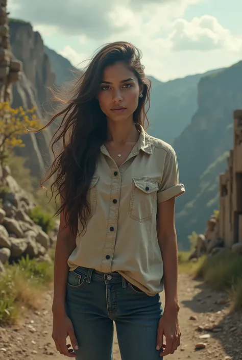 Brazilian Woman, look at viewer, long hair, shirt, jeans, cloud, day, sky, outdoors, post-apocalypse, ruins, scenery, tree, water, "Sassi di Matera" landscape